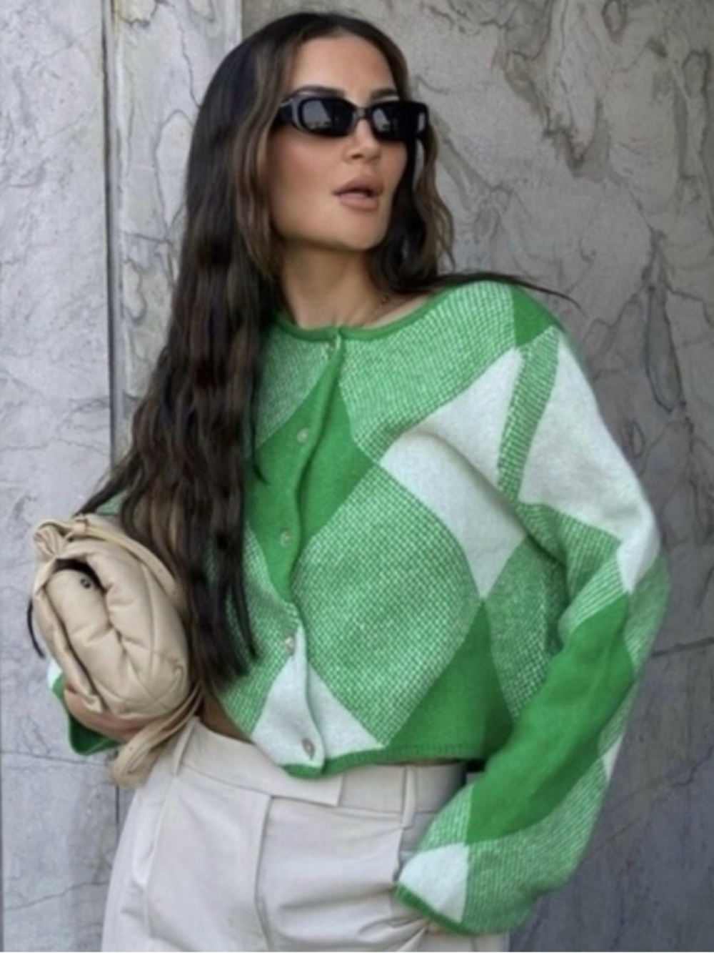 Zara Green and White Argyle Knit Cardigan Sweater